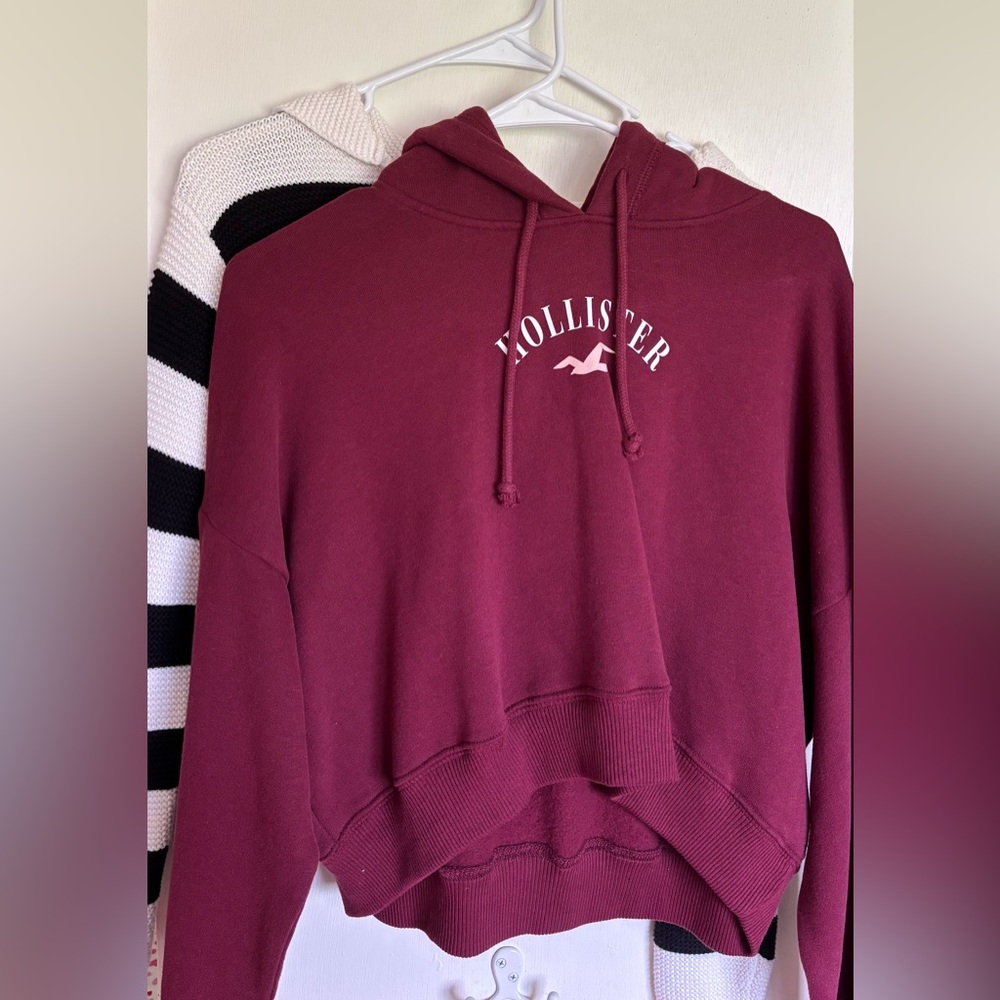 Hollister Maroon Cropped Hoodie + Black & white Striped Cropped Sweater